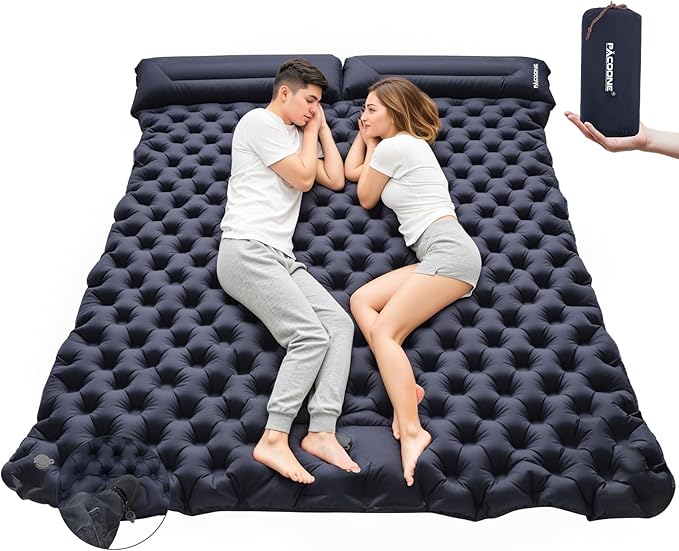Camping Double Sleeping Pad Self Inflating Sleeping Mat with Pillow Built-in Foot Pump 2 Person Portable Camping Air Mattress for Backpacking Hiking Traveling TentBeach