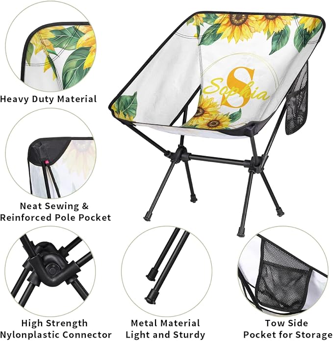 Camping Chair Personalized Backpacking Chair Lightweight Portable Folding Customized Name Chairs for Beach Sport Hiking (Yellow Sunflower)