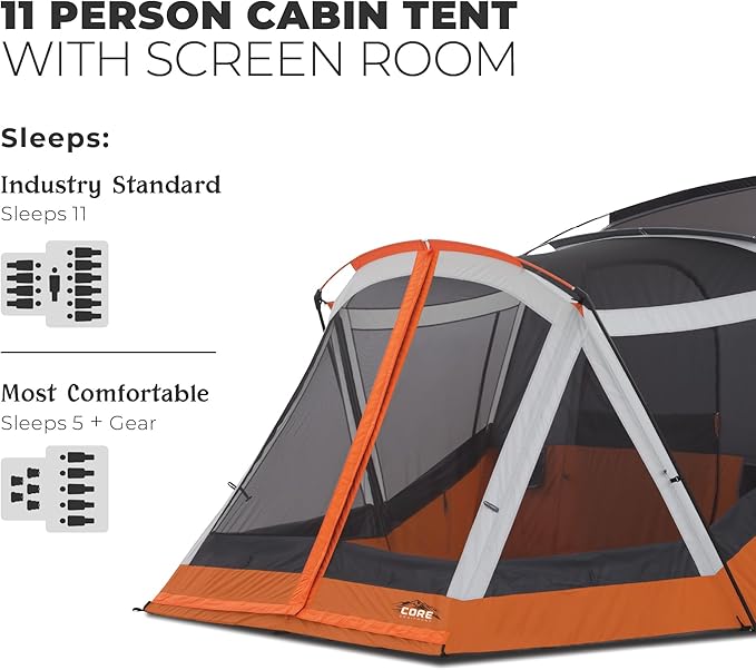 CORE Tent for Family Camping | 10 Person / 11 Person / 12 Person Large Multi Room Cabin Tents for Car Camping &amp Outdoor Adventures