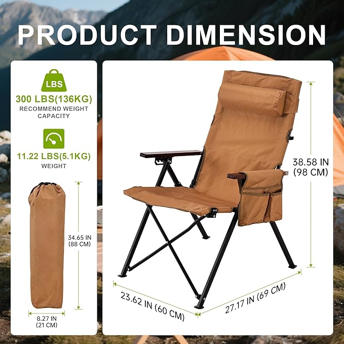 Camping Chairs for Adults-Adjustable 95°-135° Hign Back Heavy Duty Folding Lawn Chairs with Detachable Headrest Side Pocket Hold Up 300 Lbs Yellow