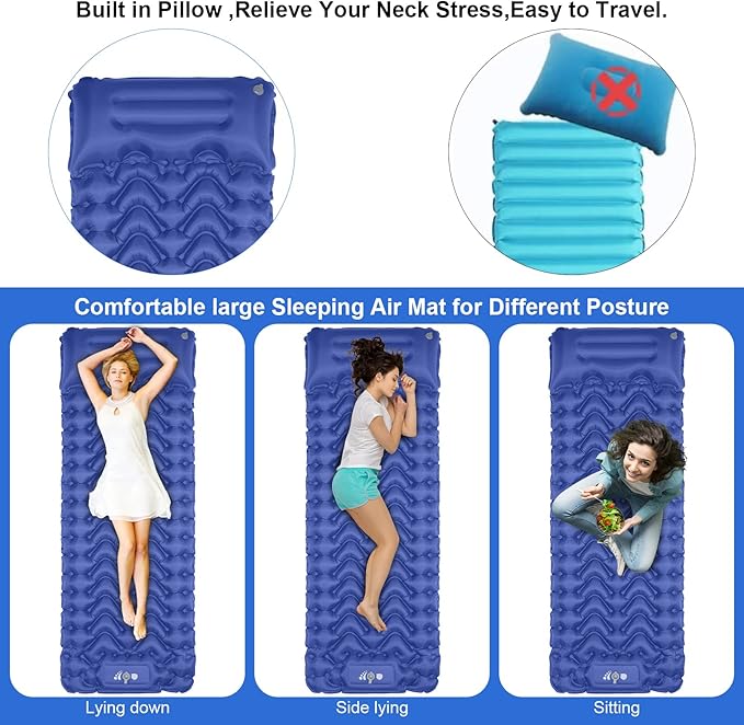 Sleeping Pad Ultralight Inflatable Sleeping Pad for Camping Built-in Pump Ultimate for Camping Hiking Airpad Carry Bag Repair Kit Compact &amp Lightweight Air Mattress(Blue)