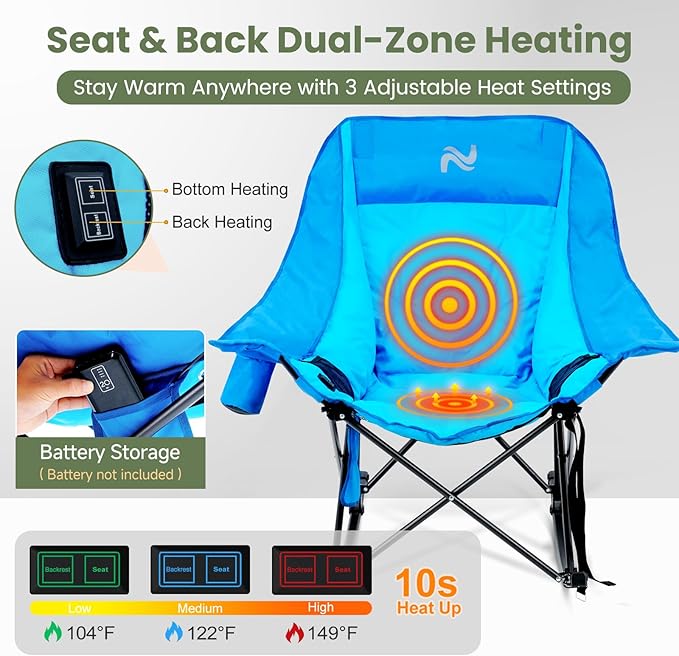 ABORON Heated Oversized Rocking Camping Chair for Adults Fully Padded Folding Outdoor Lawn Chair with Side Pocket Portable Recliner Chair for Camp Patio Backyard Supports 400 lbs