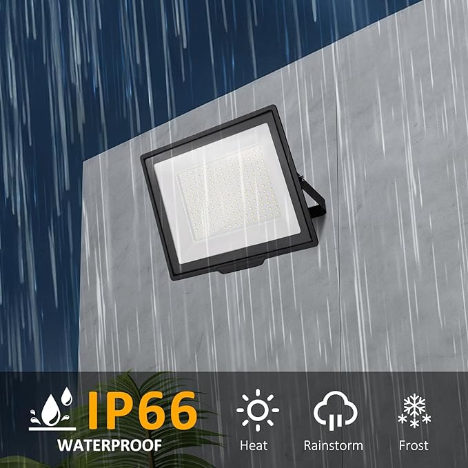 100W Flood Lights Outdoor12000LM Bright Work Light Plug in6500K Daylight White LED Flood Light Outdoor IP66 Waterproof Exterior Floodlight for Yard Garage Stadium 2 Pack