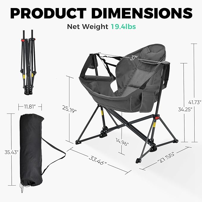 Ainfox Hammock Camping Chair Foldable Portable Rocking Chairs for Adults Outside Swinging Camp with Cup Holder Pillow for Outdoor Patio Lawn (Grey)