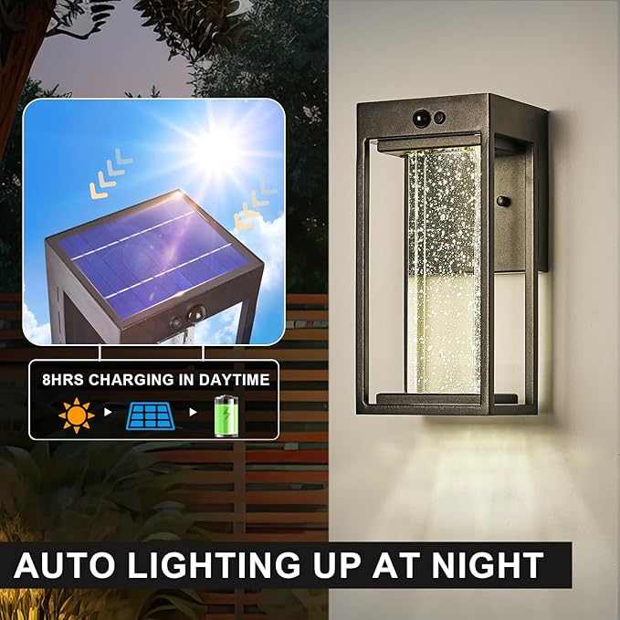 2PK Solar Led Outdoor Sconces with 3 Modes Motion Sensor Crystal Exterior Light Fixtures Wall Mount Black Dusk to Dawn Solar Porch Lights 4000K 250LM Outside Light for House Front Door Patio