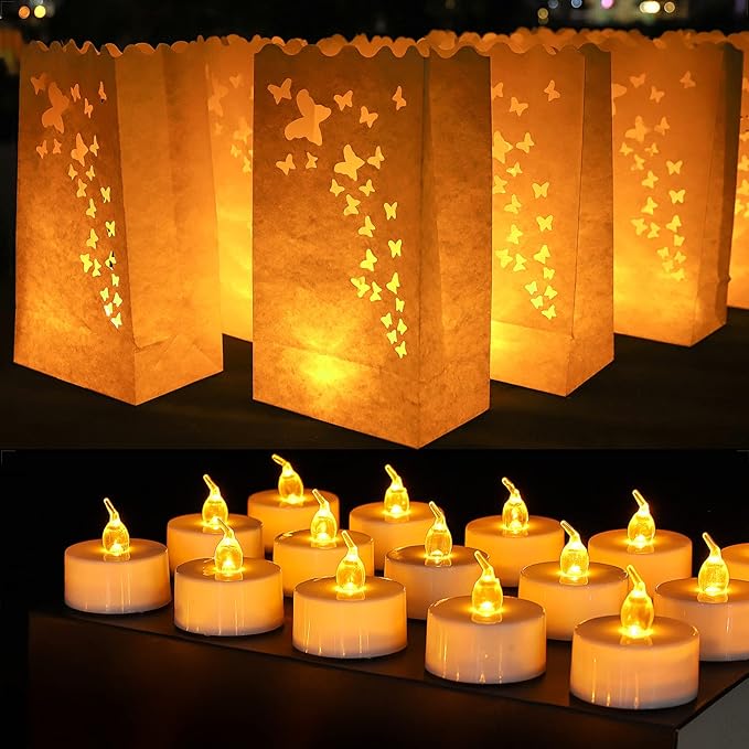 50 PCS Butterfly Luminary Bags &amp 50 PCS Battery Tea Lights White Luminary Bags with Flameless Candles LED Lamp Holiday Gift Flameless LED Tealight for Outdoor Christmas Thanksgiving Decorations