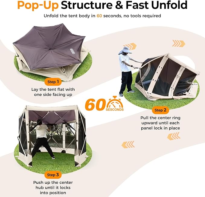 Tecoom 6-Sided 10x10ft Pop Up Gazebo Tent Screen House with Mosquito Netting Canopy for Camping Portable Sun Shelter with Removable Siedwalls for Outdoor Garden Activities