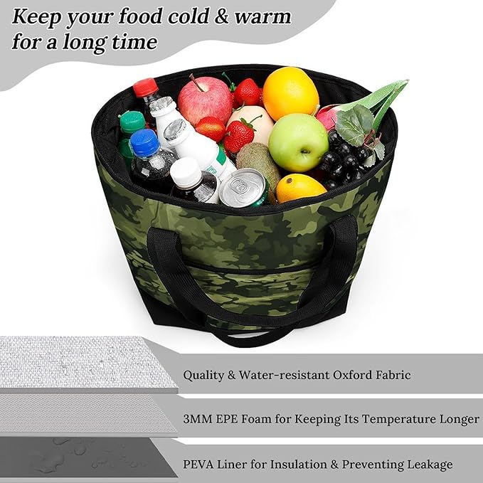 Insulated Shopping BagLarge Reusable Cooler Bags Camo Woodland Camoflage Printed Foldable Shopping BagTravel Waterproof Shoulder Bag