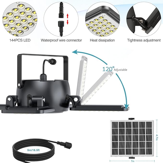 Solar Pendant Light Outdoor Indoor Solar Powered Motion Sensor Shed Light144LED 1200LM Daytime Work with 5 Lighting Modes Remote Control 4 Heads IP65 Waterproof for Garage Gazebo Barn