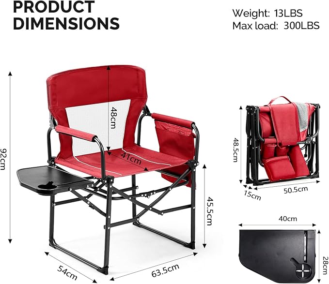 Folding Camping Directors Chair Portable Foldable Outdoor Chair with Built-in Cup Holder Side Table Storage Pocket for Beach Tailgating Fishing Trip Picnic Concert Red