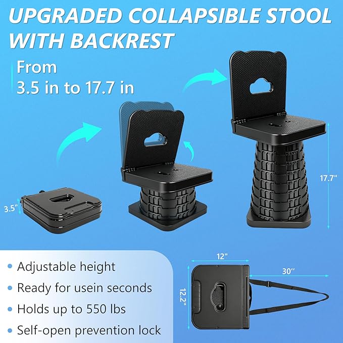 Upgraded Collapsible Stool with Backrest Portable Telescopic Seat with Carry Bag Square Folding Stool for Camping Gardening Fishing Hiking BBQ Max Load Capacity 550lbs