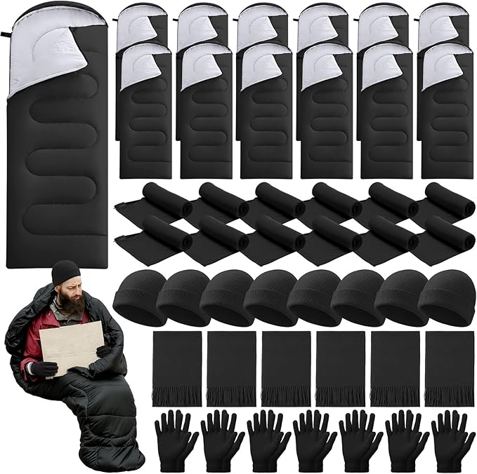 80 Pcs Homeless Care Package Sleeping Bags Adult Bulk with Winter Beanies Hat Gloves Scarf Cotton Liner Waterproof Sleeping Bag for Camping Outdoor Church Donation Emergency