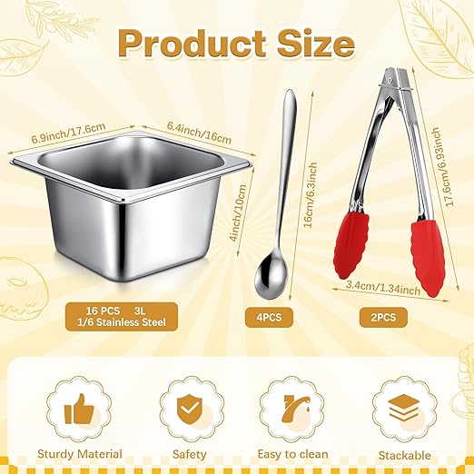 Rtteri 22 Pcs 1/6 Size 4 Inch Deep Stainless Steel Hotel Pans Set: 16 Metal Buffet Steam Table Pans with 2 Tongs &amp 4 Spoons – Stackable &amp Anti Jam Commercial Restaurant Catering Kitchen Food