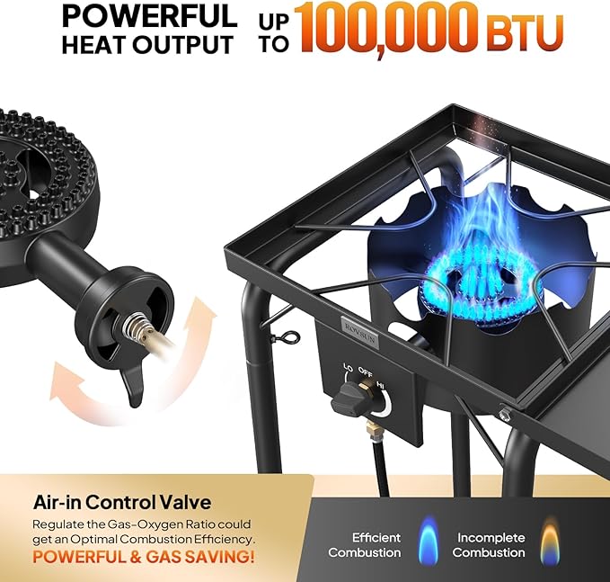 ROVSUN Single Burner Gas Stove with Side Shelf 100000BTU Portable Propane Stove with Removable Leg &amp Regulator for Camping Home Backyard Outdoor Cooking Brewing Canning Turkey Frying