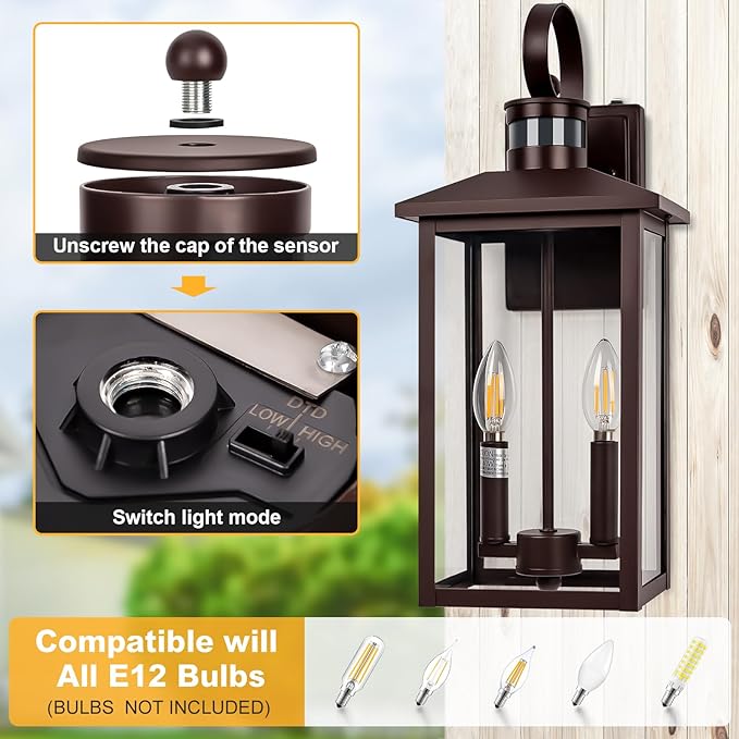 Large Exterior Sconce Motion Sensor 18 Bronze Dusk to Dawn Exterior Light 2-Light Brown Outdoor Light Fixture Aluminum Outdoor Dusk to Dawn Light with E12 Socket for Porch House Door Garage