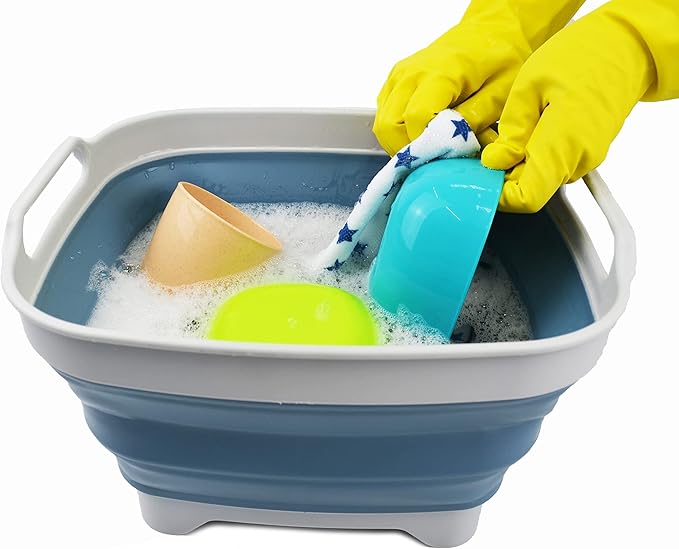 SAMMART 7.5L (2 Gallons) Collapsible Dishpan with Draining Plug - Foldable Washing Basin - Portable Dish Washing Tub - Space Saving y (Grey/Steel Blue (Set of 2) 2)