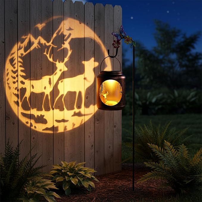 Metal Solar Lantern with Deer Patterns &amp Resin Deer Statue InsideOutdoor Lanterns with Shepherds Hook Gifts for Women Mom GrandmaOutside Haning Decor for Yard Garden Patio Backyard Porch