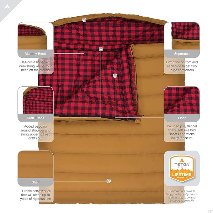 Teton Mammoth Queen Size Double Sleeping Bag- A Warm Bag The Whole Family can Enjoy – Great for Camping Hunting and Base Camp. Compression Sack Included