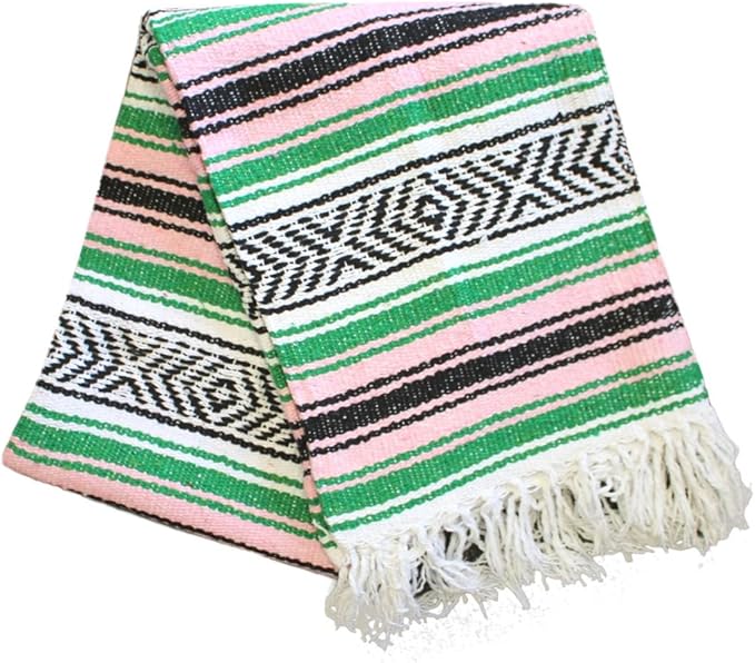 Del Mex Classic Mexican Blanket Large Authentic Woven Falsa Throw (70x50) Artisan Southwest Décor for Beach Yoga Outdoors (Green/Pink)