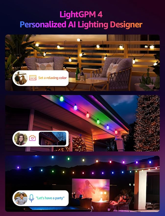 Lepro ZB1 AI Smart Outdoor String Lights APP Control 100(88+12) ft RGB+IC+Warm White Outdoor Light 30 LED Bulbs NOT Extendable Alexa Google Enabled Music Sync NO Remote 2.4 GHz WiFi+Bluetooth
