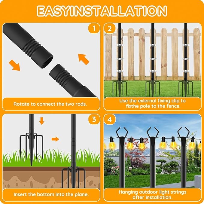 6 Pack String Light Poles Outdoor String Light Pole 10 ft Forked Metal Light Pole with Adjustable Outdoor Light Stand Deck Backyard Garden Wedding Rustproof and Sturdy with Hooks.