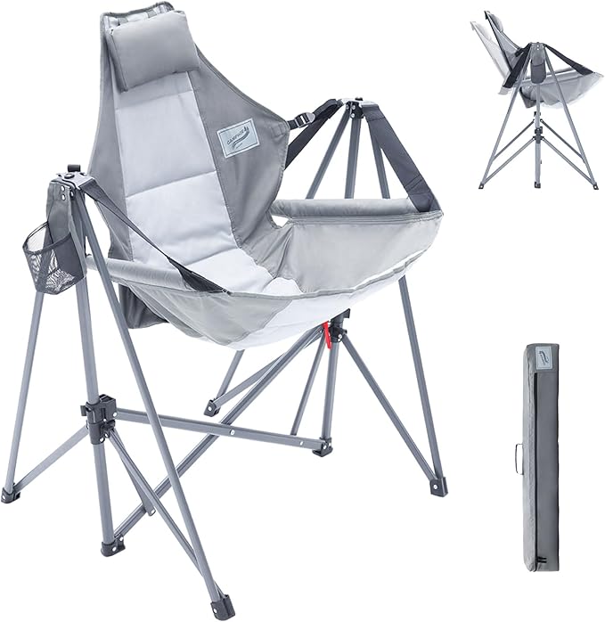 Portable Swing Hammock Chair | Foldable Recliner Rocking Lounger with Headrest &amp Drink Holder | Outdoor Sports Beach Lawn Hunting Tailgating Fishing | Supports 300Lbs (Grey)