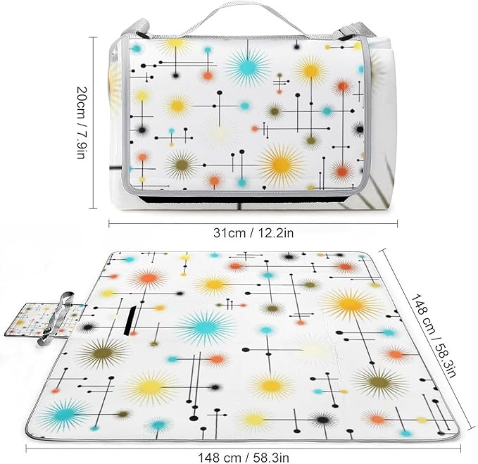 Mid Century Modern Atomic Turquoise Waterproof Outdoor Picnic Blanket Sandproof Beach Mat for Camping Hiking Grass Travelling