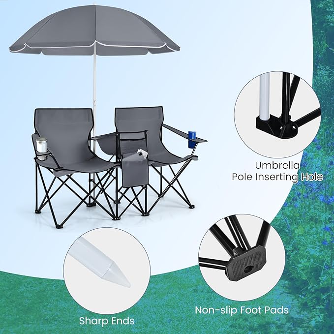 Tangkula Double Camping Chairs with Umbrella Portable 2 Seat Folding Camp Chair with Cooler Bag Beverage Holder Carrying Bag Foldable Lawn Chair for Outside Fishing Picnic Beach