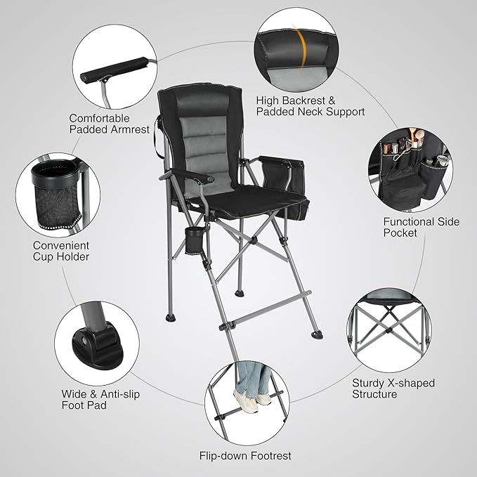 Extra Tall Folding Chairs for Adults 330lbs Portable Bar Height Foldable Director Chairs for Camping Outside Comfortable with Makeup Pocket High Back and Footrest Black