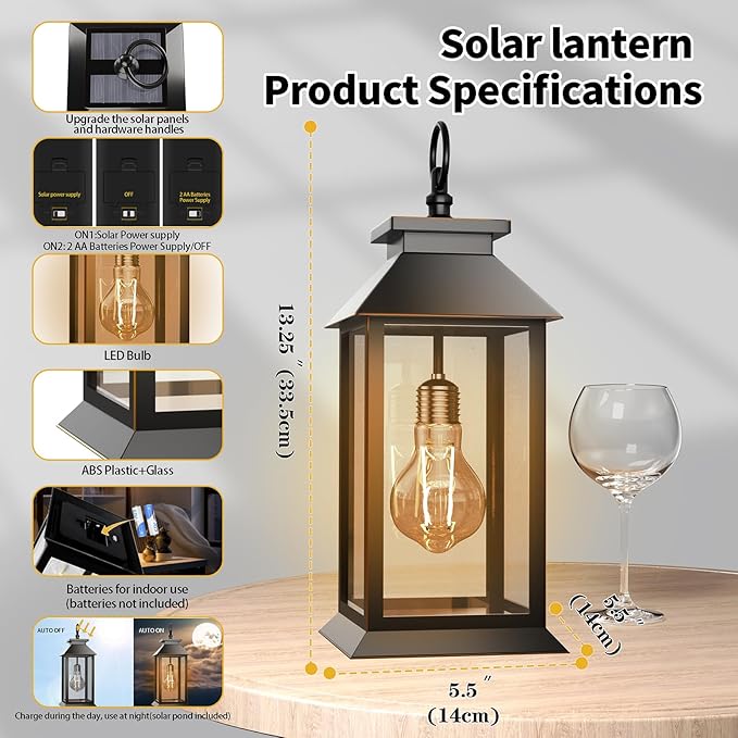 2 Pack Hanging Solar Lanterns Glass Solar Lights Outdoor Waterproof Upgraded Solar and AA Battery Powered for Outside Porch Patio and Indoor Tables Mantelpiece