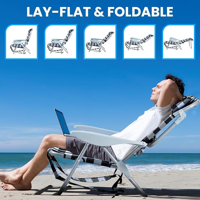 Portable Beach Chair for Adults Outdoor Camping Chair Lay Flat Folding Backpack Beach Reclining Chair with 5 Positions Headrest Cup Holder Heavy Plaid