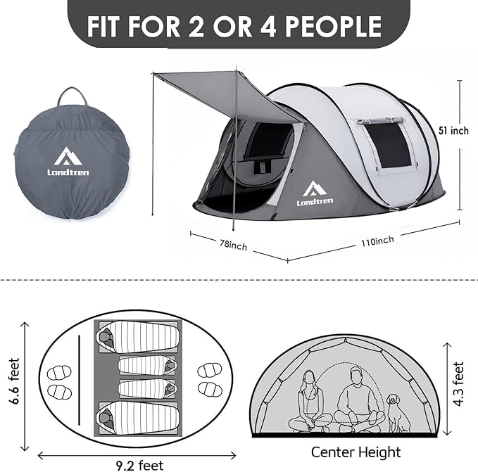 4 Person Easy Pop Up Tent Waterproof Automatic Setup 2 Doors-Instant Family Tents for Camping Hiking &amp Traveling
