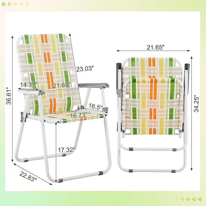 Bonnlo Foldable Patio Chair Set of 2 Heavy-Duty Steel Frame Supports 265 lbs/120 kg Ultra-Lightweight Portable for Travel Poolside Camping Beach (Green and Yellow Crisscross Weave)