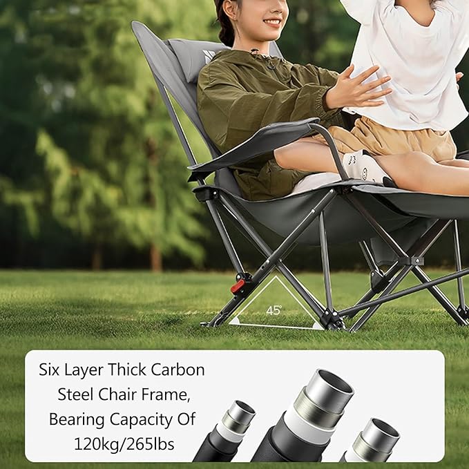 Folding Camping Chair with Armrests Portable Outdoor Lawn Chair with Detachable Headrest Lightweight Fishing Chair for Picnic Beach Lawn Balcony(Khakiwith Footstool)