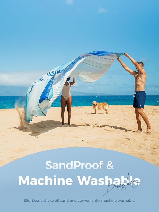 Diveblues Beach Blanket Oversized Extra Large 110 * 118/ 9 * 10 FtBeach Mat Waterproof SandproofSoft and Durable Picnic Mat for Travel Camping Beach Vacation4 Stakes &amp 1 Travel Bag