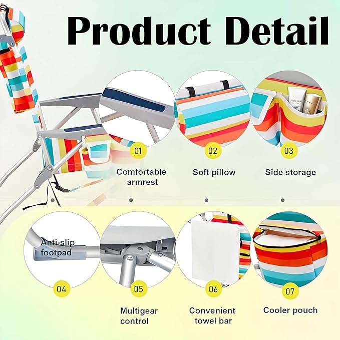 Beach Chairs for Adults with 5 Positions Folding Backpack Beach Chair with Headrest Cup Holder Towel Rack &amp Armrests Lightweight Camping Chairs for Lawn Concert Garden Picnic Rainbow Strip