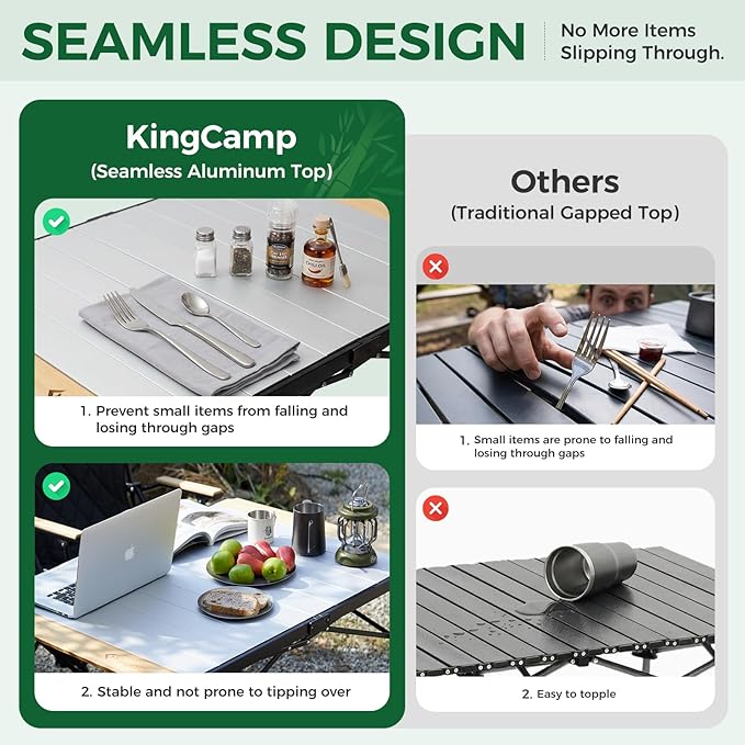 KingCamp Folding Camping Table Aluminum Roll-Up Camp Table Large Foldable Table for 4-6 Person Outdoor Portable Tables with Carry Bag 176 LBS Heavy Duty Load (Bamboo：40.16“x27.5”4-6 People)