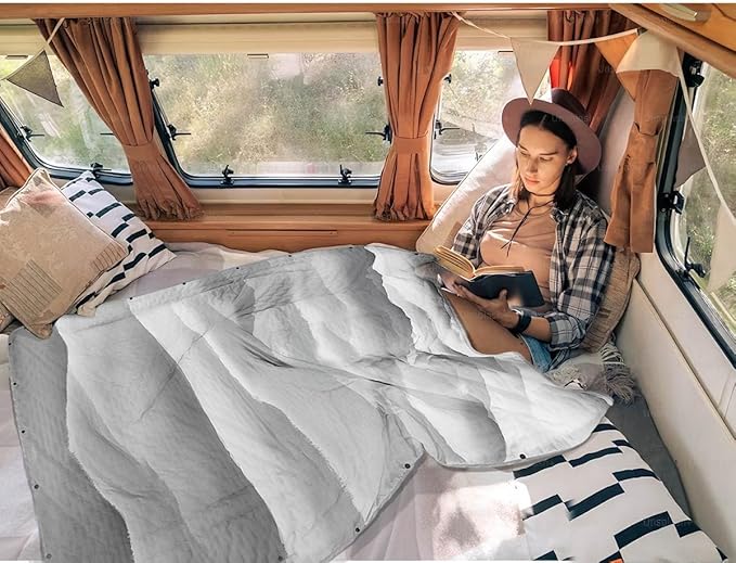 Outdoor Camping Quilt Warm Thick Blanket with Polar Fleece Packable Down Wearable Camp Blankets with Snap Buttons Soft Puffy Quilt for Cold Weather (Mountains 76'' x 56'')
