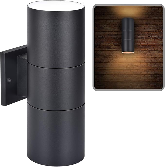wowlite Outdoor Wall Light Exterior Lighting Matte Black Waterproof Wall Mount Cylinder Design Up Down Light Fixture for Porch Backyard and Patio 1 Pack