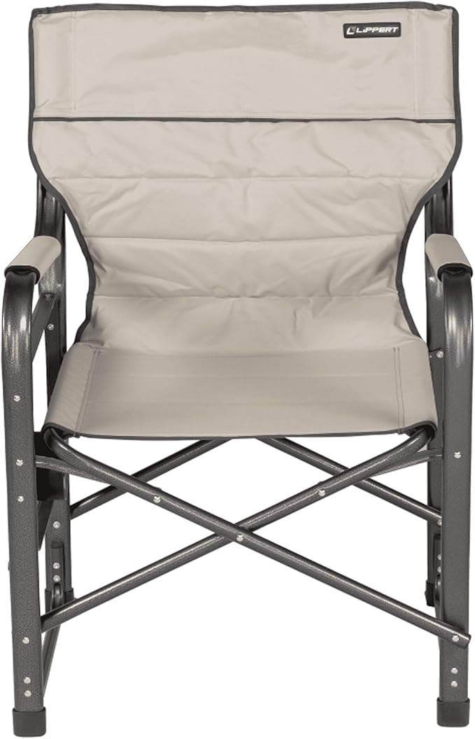 Lippert Components Scout Plus Director Chair with Side Table for Camping Foldable Steel Tube Frame 600D Polyester UV and Water Resistant PVC Coating 400 lb. Weight Capacity Sand - 2021123282