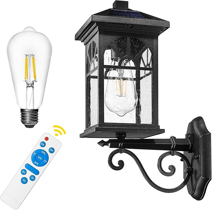 zeyu 15.8 Inch Solar Exterior Lighting Fixture Exterior Wall Light Fixture with Remote Die-Cast Aluminum with Seeded Glass Shade Black Finish ZYX112B SL BK