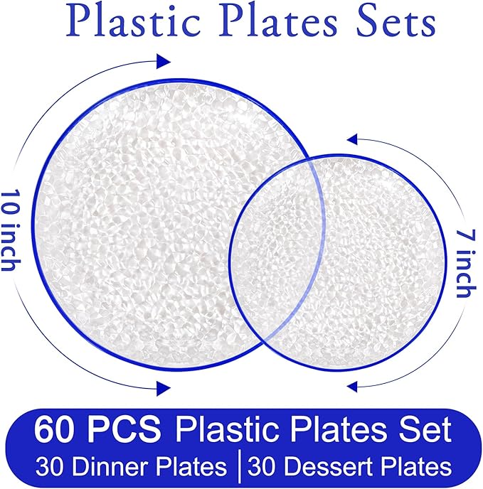 Rubtlamp 60Pcs Blue Easter Plastic Plates Clear Disposable Plates With Blue Rim Heavy Duty Party Plates Hammered Fancy Plates Include 30 Dinner Plates 30 Dessert Plates For St Patricks Day