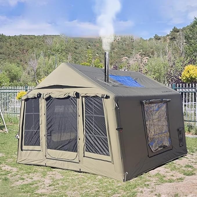 Cotton Canvas flatable Tent with Detachable TPU Windows and Pump2/3/4 Person Pop-Up Tent with Stove Jack Hole &amp Cable Hole