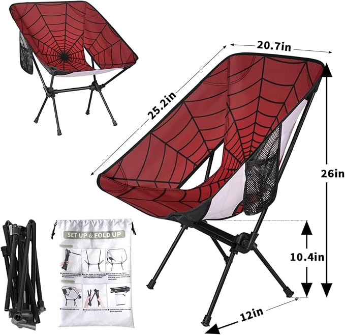 Portable Camping Chair Folding Chairs for Outside Red Web Lightweight Backpacking Chair Outdoor Collapsible Beach Chairs for Adults Fishing Lawn Picnic Travel Hiking
