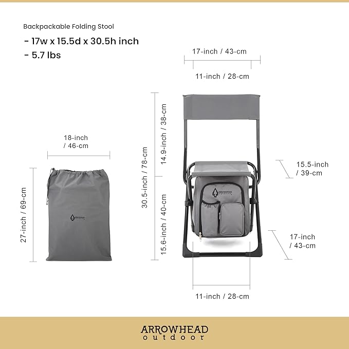 Arrowhead Outdoor Multi-Function 3-in-1 Compact Camp Chair: Backpack Stool &amp Insulated Cooler w/Bottle Holder &amp Storage Bag External Pockets Backrest Fishing Hiking Heavy-Duty USA-Base