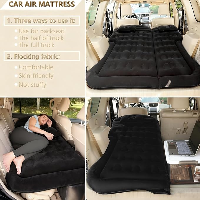 Car Air Mattress - Inflatable Bed SUV Mattress with Two Pillows for Cars Backseat Trunk Portable Flocked Camping Airbed Sleeping mat for Vehicle Travel Road Trip Indoor&ampOutdoor Activities
