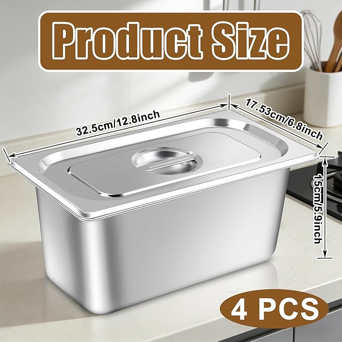 4 Pack Hotel Pans with lids 1/3 Size x 6 Inch Deep Steam Table Pan Reusable Anti Rust Catering Storage Food Pan Stainless Steel Steam Table Pans for Home Party Hotel Restaurant Buffet