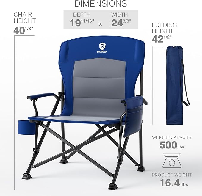 EVER ADVANCED Oversized Folding Camping Chair for Adults Heavy Duty Lawn Chair with Side Pockets Portable Collapsible Quad Chair for Outside Support Up to 500lbs Blue