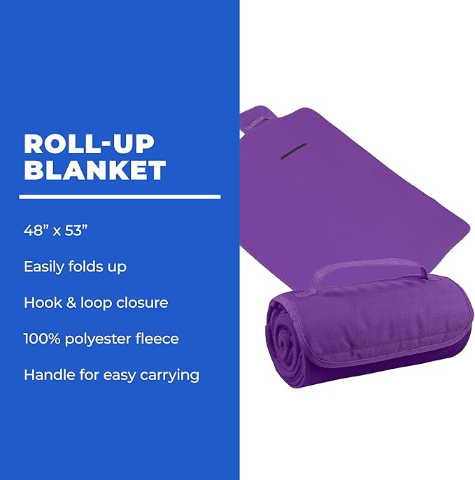 25 Ct of Roll-Up Blankets for Camping Travel Outdoors Beach Picnics – Purple – Hook + Loop Closure for Easy Use in Cars &amp on Airplanes – Customizable for Promotions &amp Events