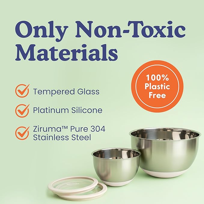 Ziruma Non-Toxic Mixing Bowls with Lids Set Stainless Steel &amp Glass 5 Pcs Plastic Free Bowls with Silicone Non-Slip Base Dishwasher Safe Mixing Bowl Set